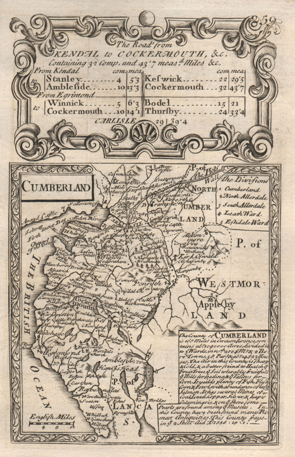 'Cumberland'. County map by J. OWEN & E. BOWEN. Cumbria 1753 old antique