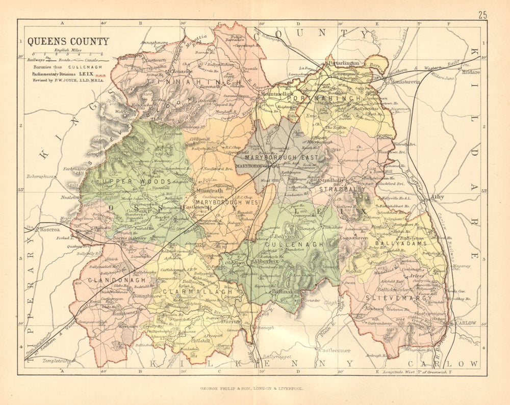 QUEENS COUNTY (LAOIS) . Antique county map. Leinster. Ireland. BARTHOLOMEW c1902