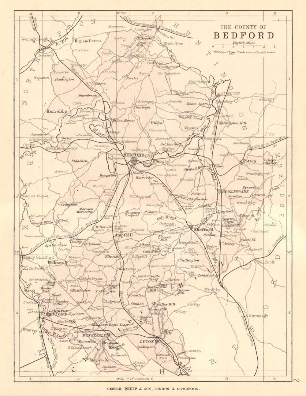 BEDFORDSHIRE. Antique county map. Railways roads canals. PHILIP 1884 old