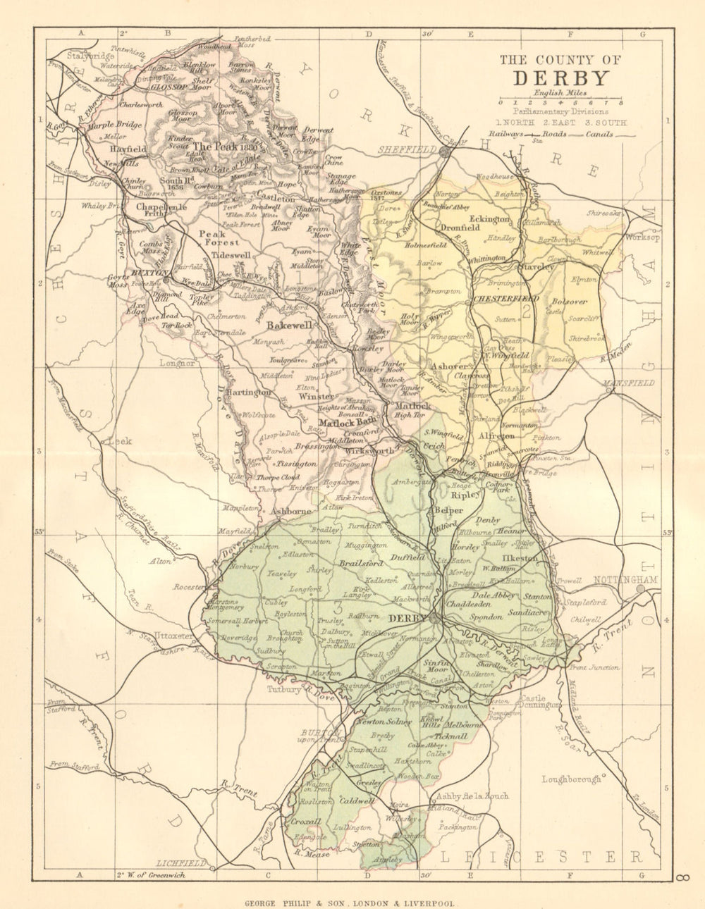 DERBYSHIRE. Antique county map. Railways canals. Constituencies. PHILIP 1884