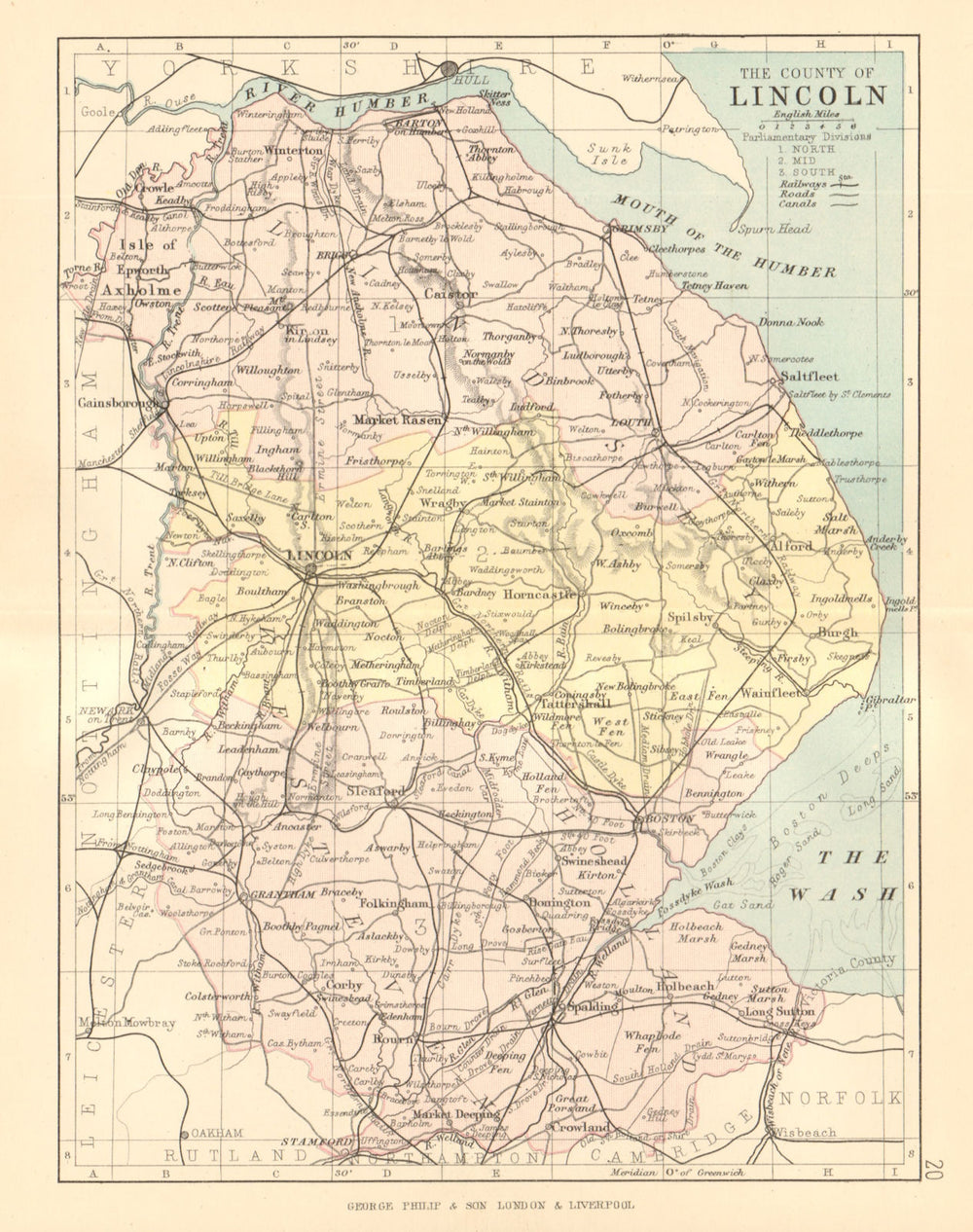 LINCOLNSHIRE. Antique county map. Railways canals. Constituencies. PHILIP 1884