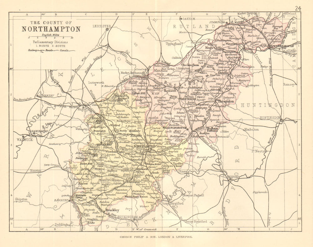 NORTHAMPTONSHIRE. County map. Railways canals. Constituencies. PHILIP 1884