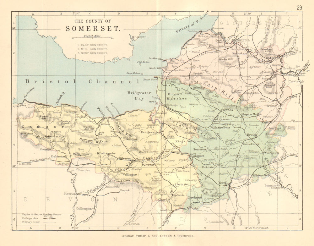 SOMERSET. Antique county map. Railways. Constituencies. PHILIP 1884 old