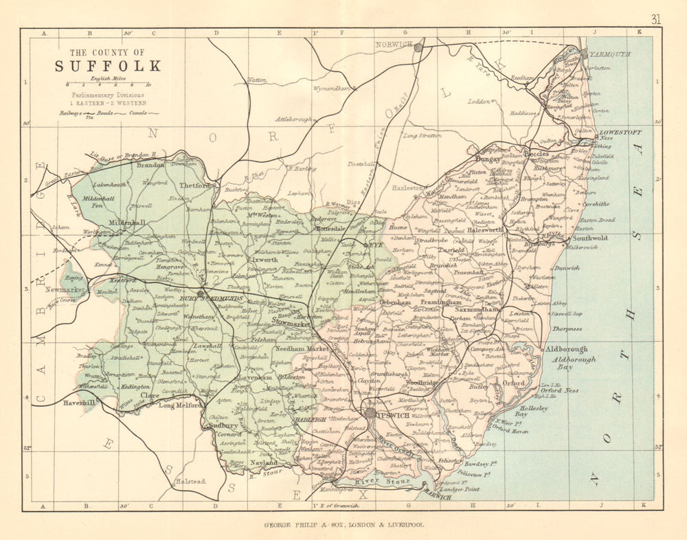 SUFFOLK. Antique county map. Railways roads canals. Constituencies. PHILIP 1884