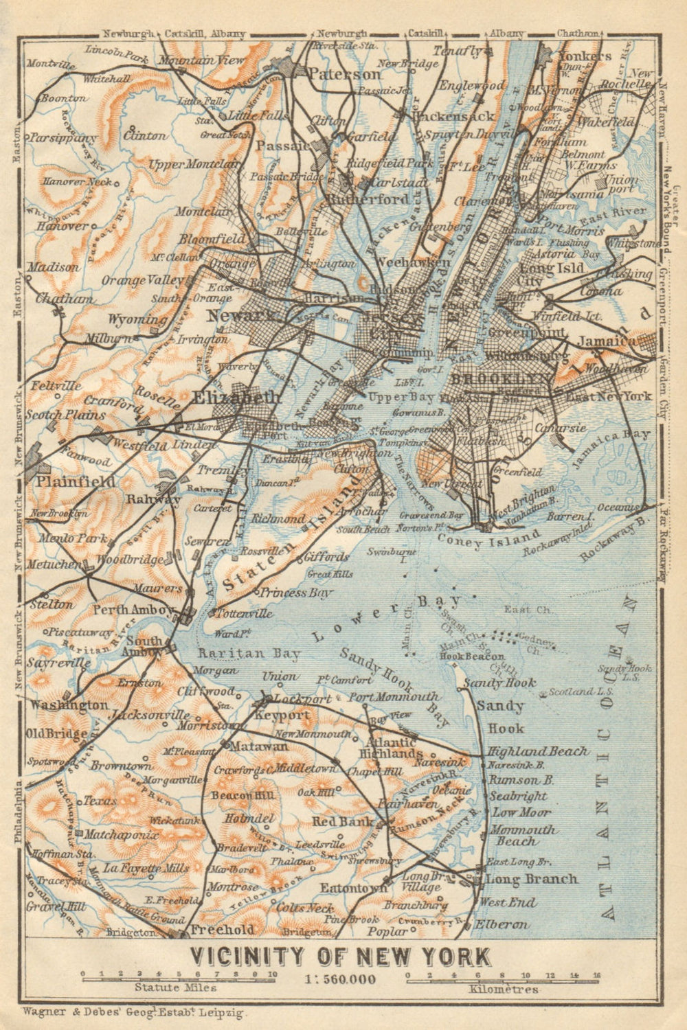 NEW YORK CITY Metro area. Brooklyn Newark Jersey City. BAEDEKER 1904 old map