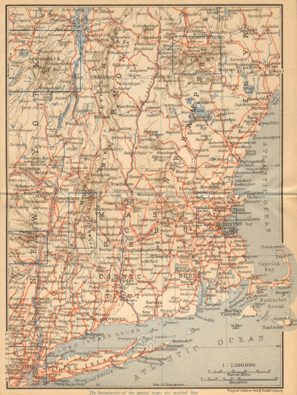 RAILWAY MAP OF THE NEW ENGLAND STATES. USA. BAEDEKER 1904 old antique