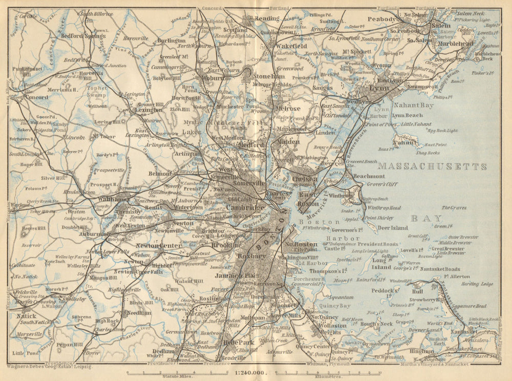 BOSTON ENVIRONS. Massachusetts Bay Lynn. BAEDEKER 1904 old antique map chart