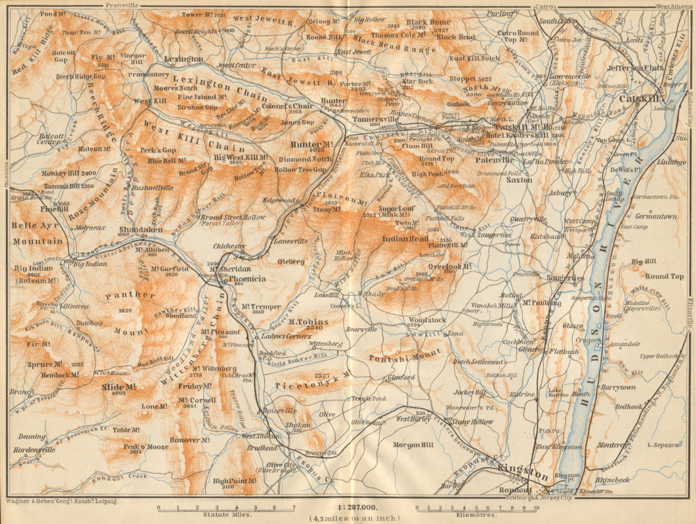 THE CATSKILL MOUNTAINS . New York State. Hudson River. BAEDEKER 1904 old map