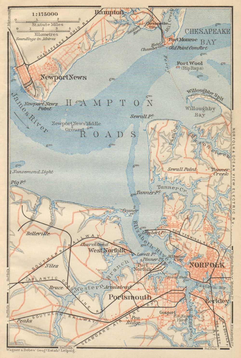 HAMPTON ROADS, Vginia. Norfolk Portsmouth Newport News. BAEDEKER 1904 old map