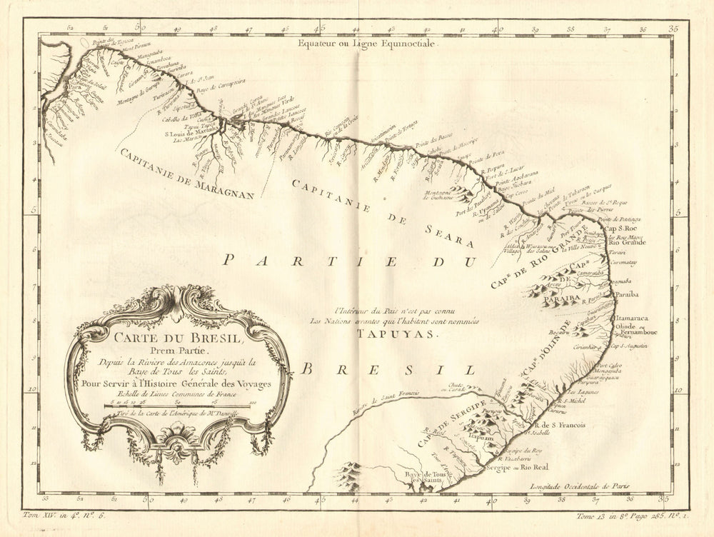 Bresil prem partie depuis la Rivière des Amazones. North Brazil. BELLIN 1758 map