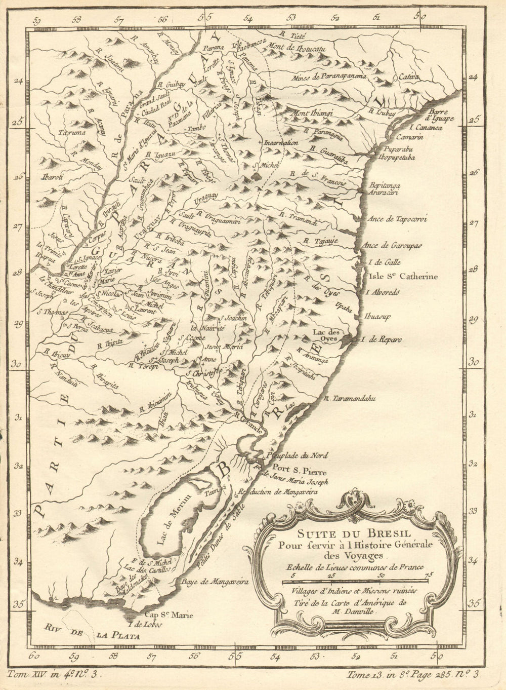 'Suite du Bresil'. Southern Brazil & Uruguay. BELLIN 1758 old antique map