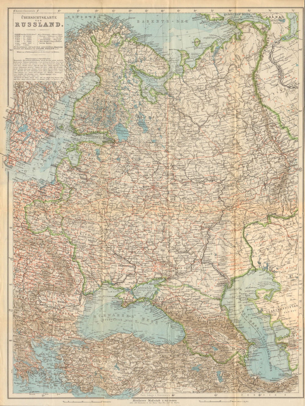 Overview map of European Russia. Russland. BAEDEKER 1912 old antique chart