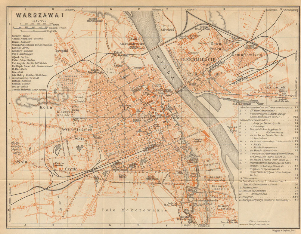Warsaw I town/city plan miasta mapa. Poland. Warszawa. BAEDEKER 1912 old