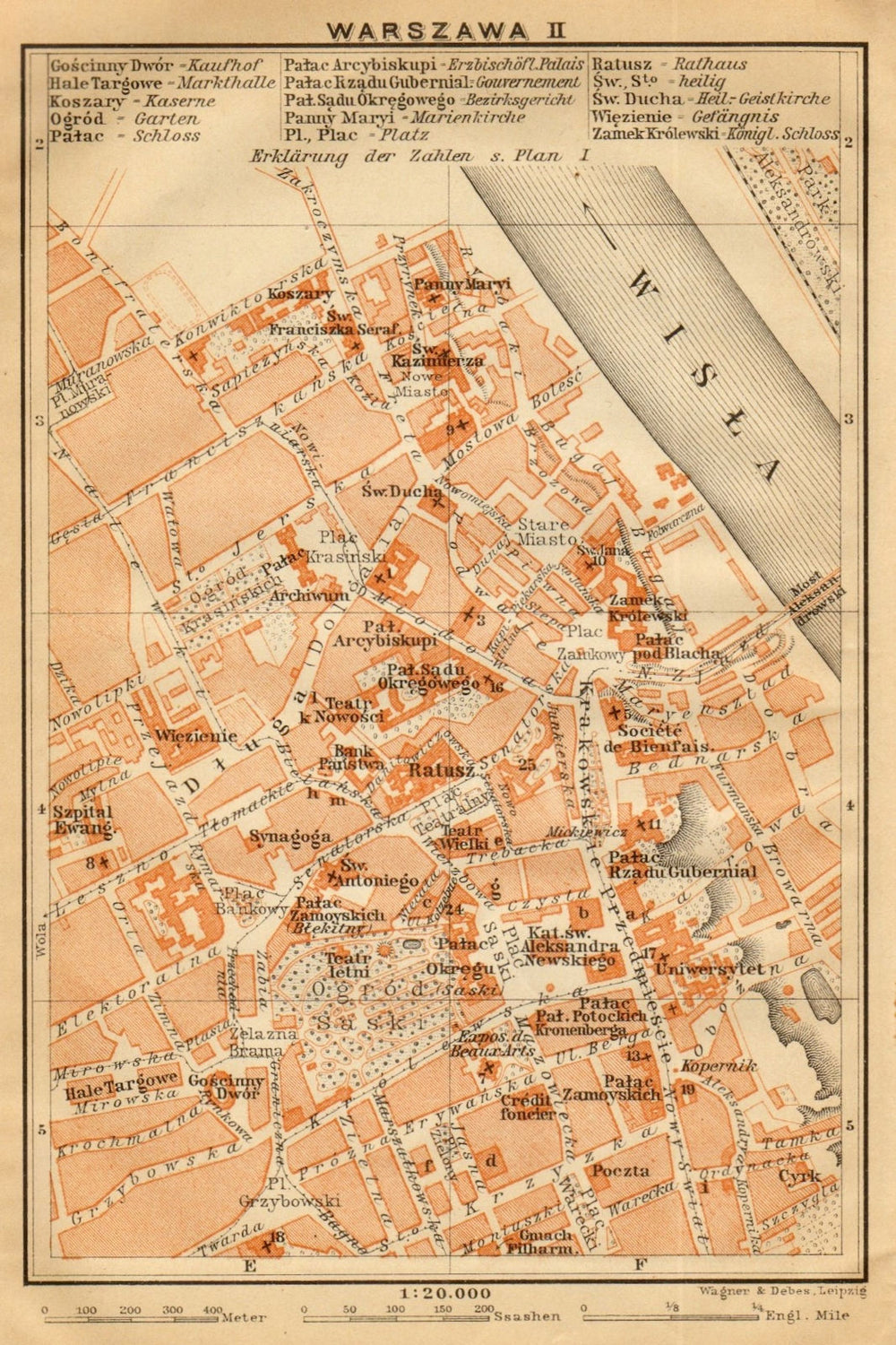 Warsaw II town/city centre plan miasta mapa. Poland. Warszawa. BAEDEKER 1912