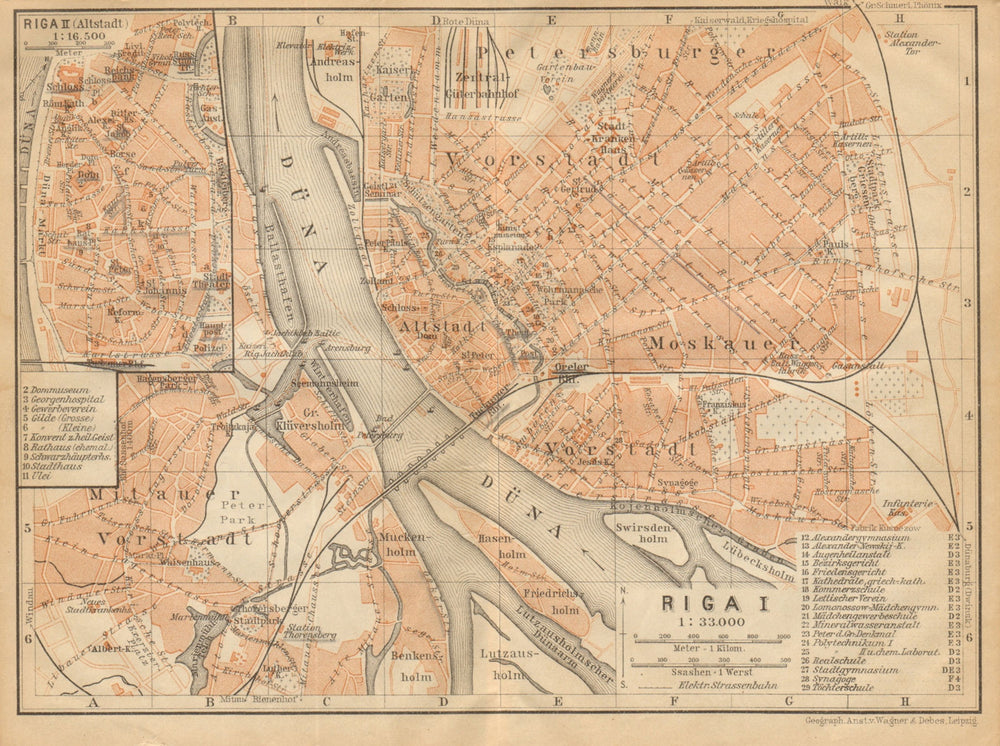 Riga town/city plan pilsetas karte. Latvia. BAEDEKER 1912 old antique map