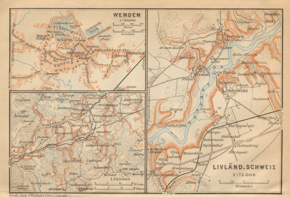 Gauja National Park, Latvia. Cesis/Wenden. Sigulda. BAEDEKER 1912 old map