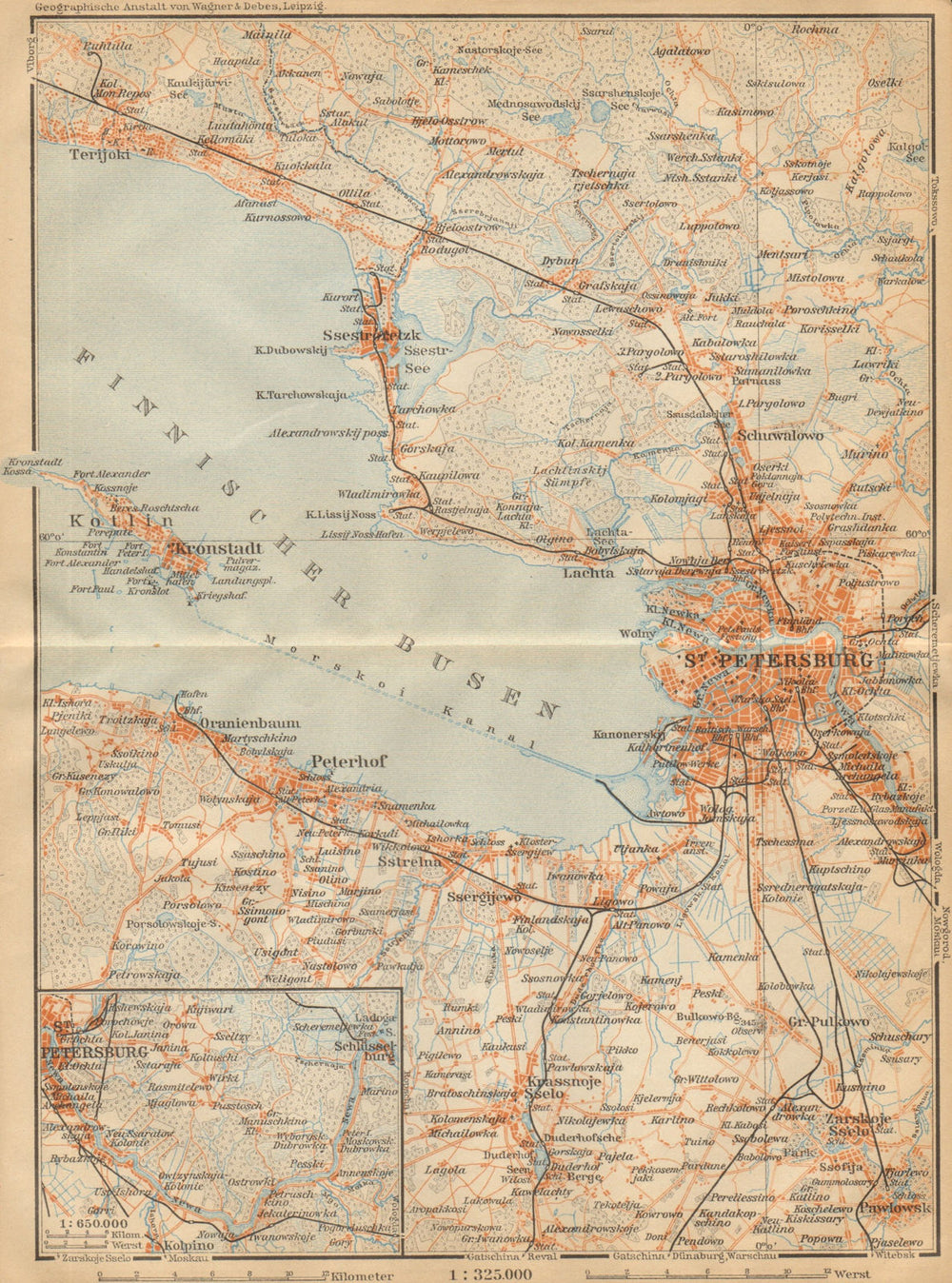 St. Petersburg environs. Kronstadt Peterhof Russia. BAEDEKER 1912 old map