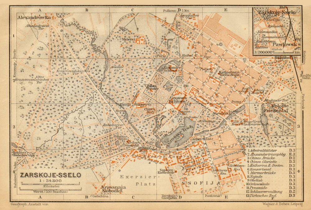 Pushkin, St. Petersburg (Tsarskoye Selo). Russia. BAEDEKER 1912 old map