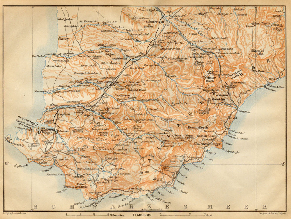 Southwest Crimea / Crimean Mountains. Ukraine. BAEDEKER 1912 old antique map