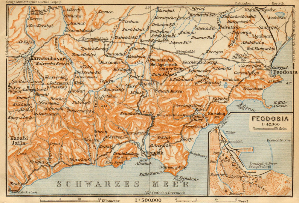 Feodosia town/city plan & environs. Ukraine. BAEDEKER 1912 old antique map