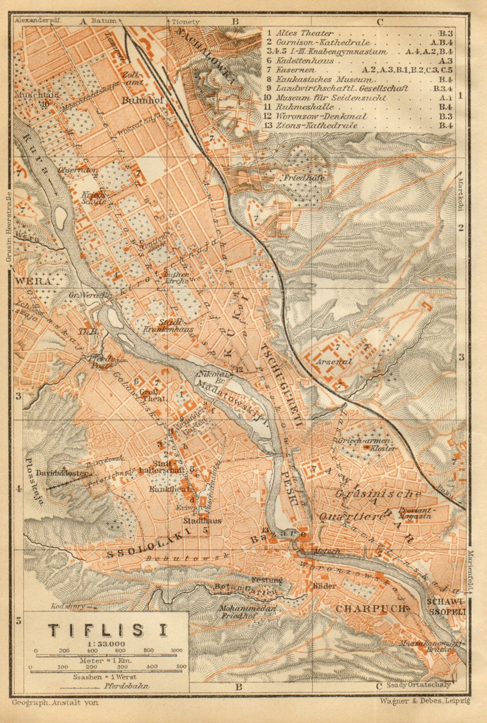 Tbilisi (Tiflis) I town/city plan. Georgia. BAEDEKER 1912 old antique map