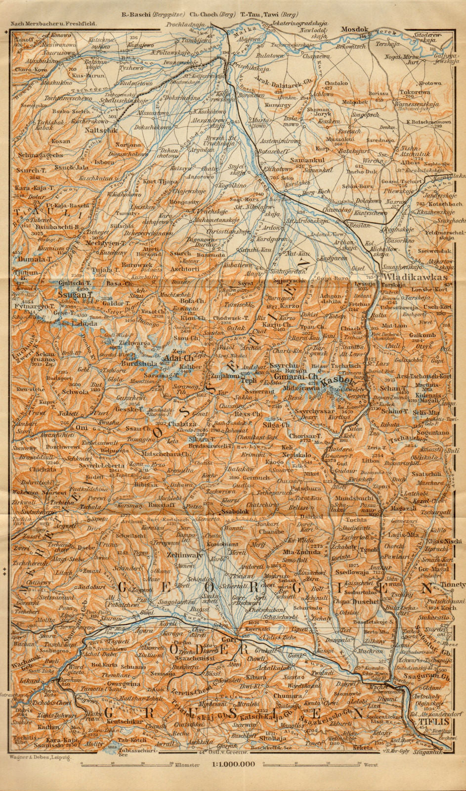 Central Caucasus, eastern part. Ossetia & Georgia. BAEDEKER 1912 old map