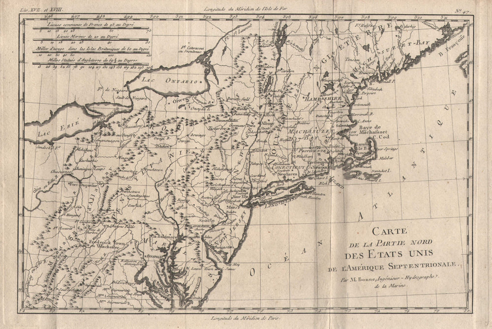 "Partie Nord des Etats Unis de l'Amérique Septentrionale" NE USA. BONNE 1780 map