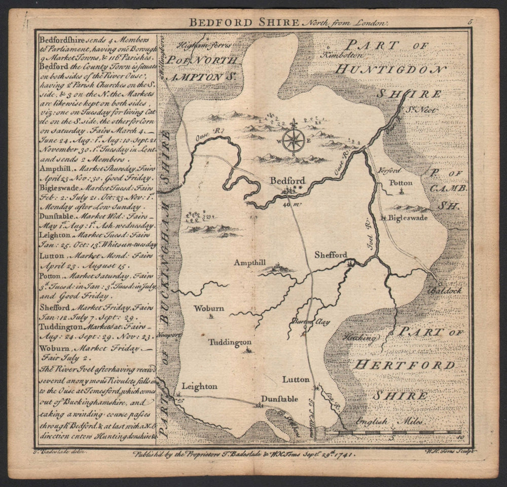 Antique county map of Bedfordshire by Badeslade & Toms 1742 old