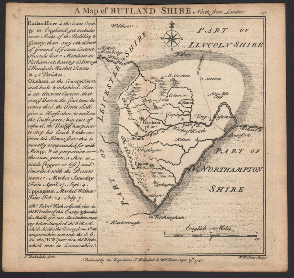 Antique county map of Rutlandshire by Badeslade & Toms 1742 old