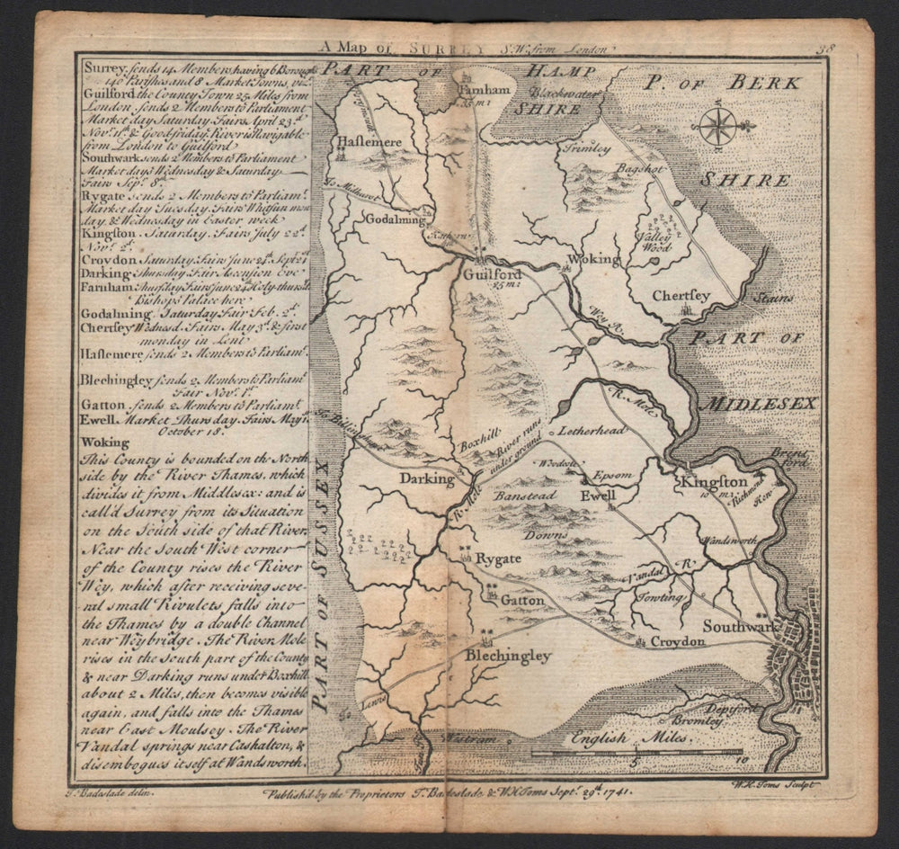 Antique county map of Surrey by Badeslade & Toms. West orientation 1742