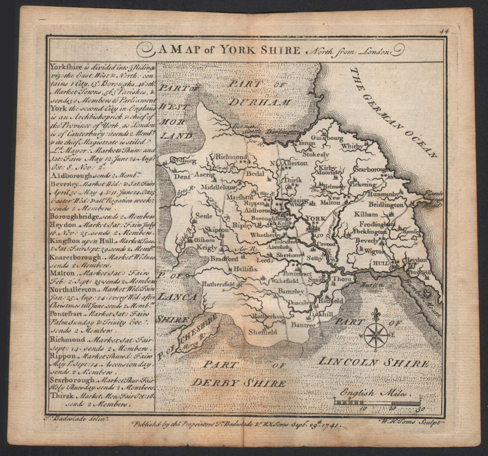 Antique county map of Yorkshire by Badeslade & Toms 1742 old chart