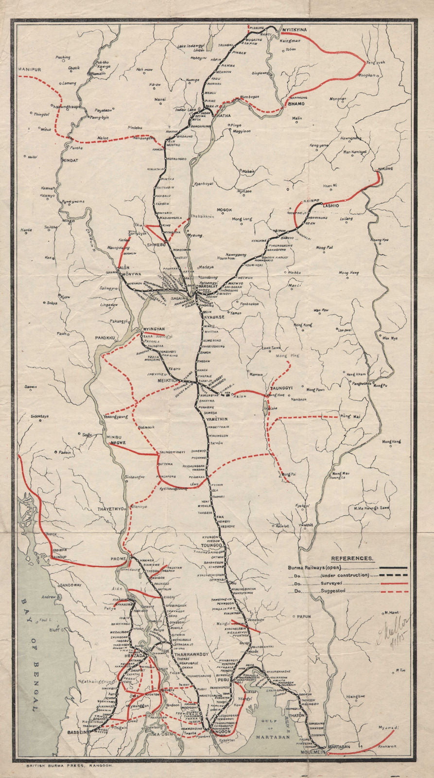 Burma railways map. Open & under construction. Myanmar c1915 old antique