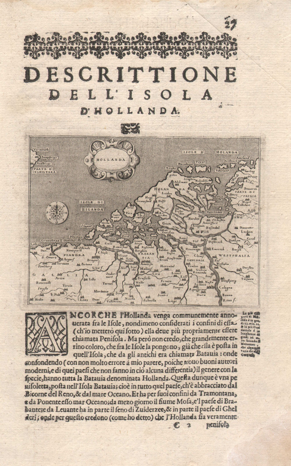 "Descrittione dell' Isola d'Hollanda". PORCACCHI. Holland Netherlands 1620 map