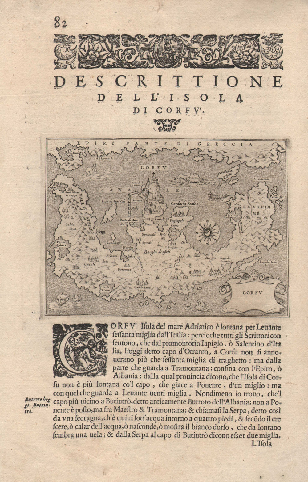 "Descrittione dell' Isola di Corfu". PORCACCHI. Ionian Greece 1606 old map