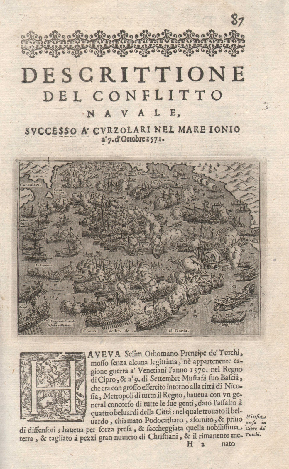 Descrittione del conflitto navale…Curzolari PORCACCHI Battle of Lepanto 1620 map