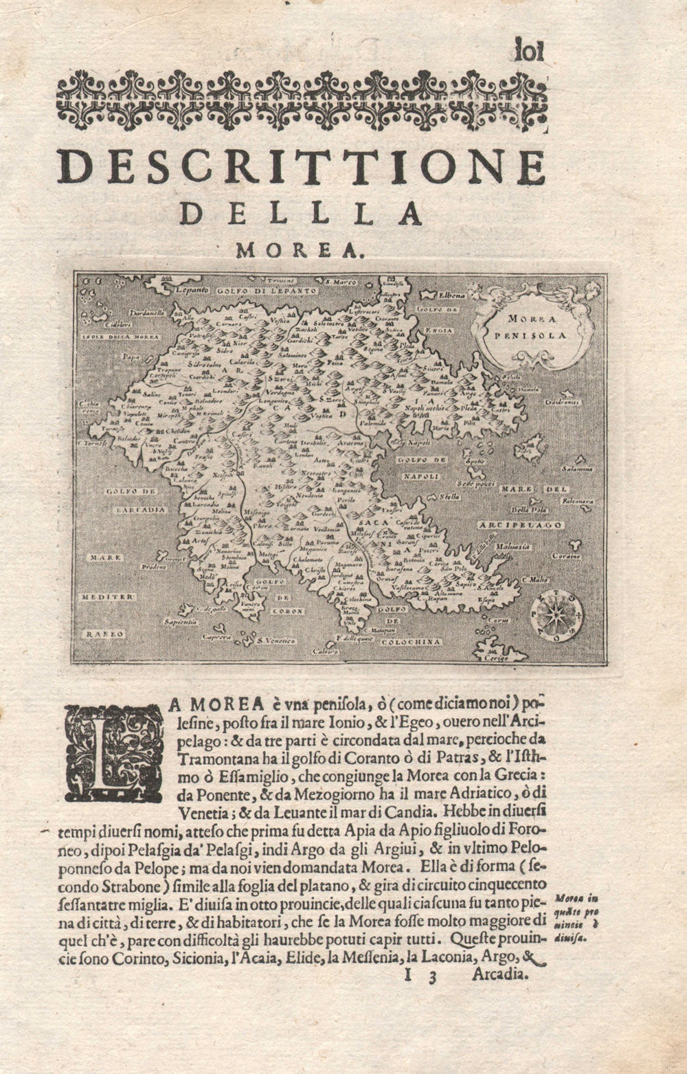 "Descrittione della Morea". PORCACCHI. Peloponnese peninsula Greece 1620 map