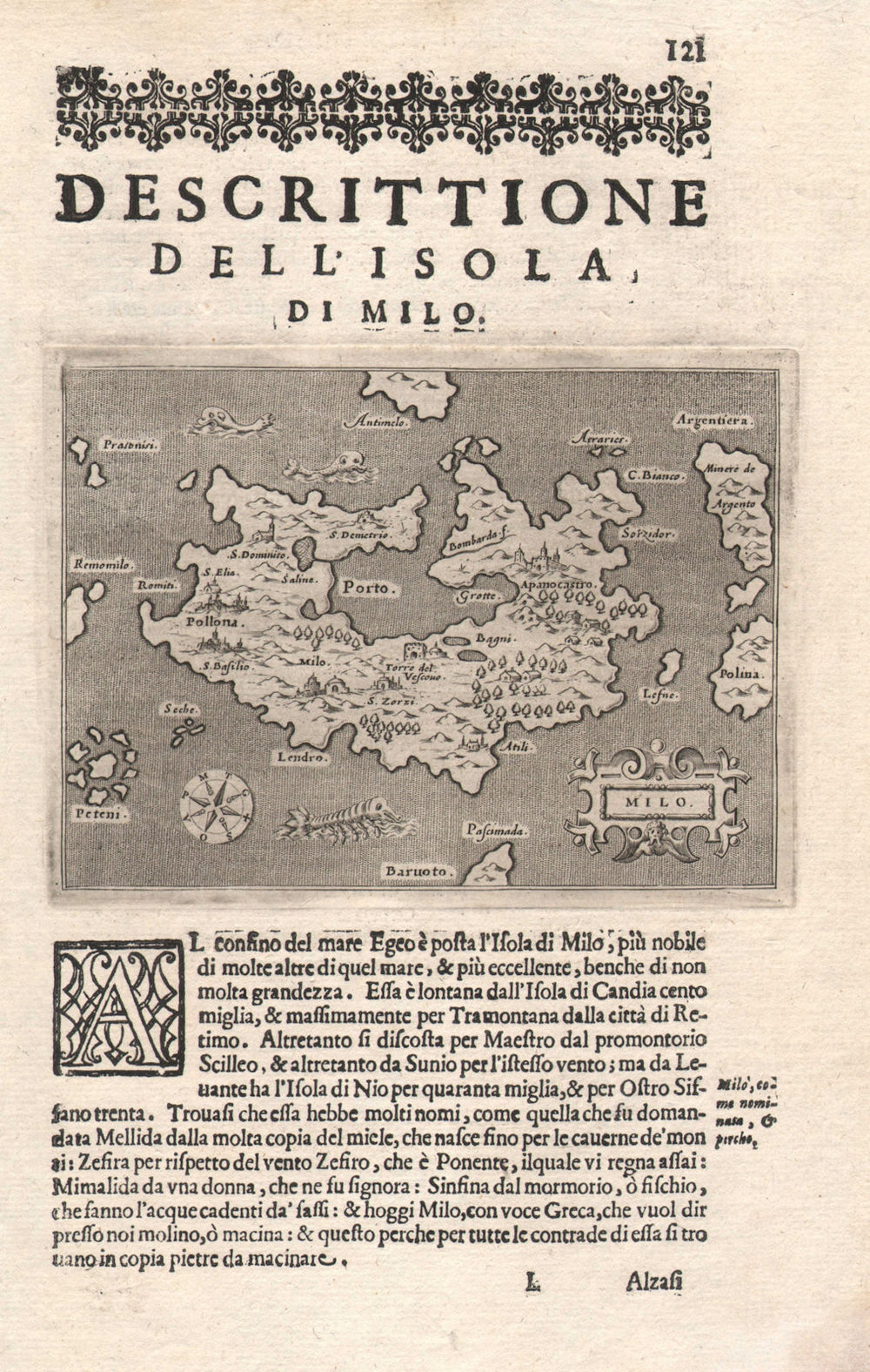 "Descrittione dell' Isola di Milo". PORCACCHI. Milos Cyclades Greece 1620 map