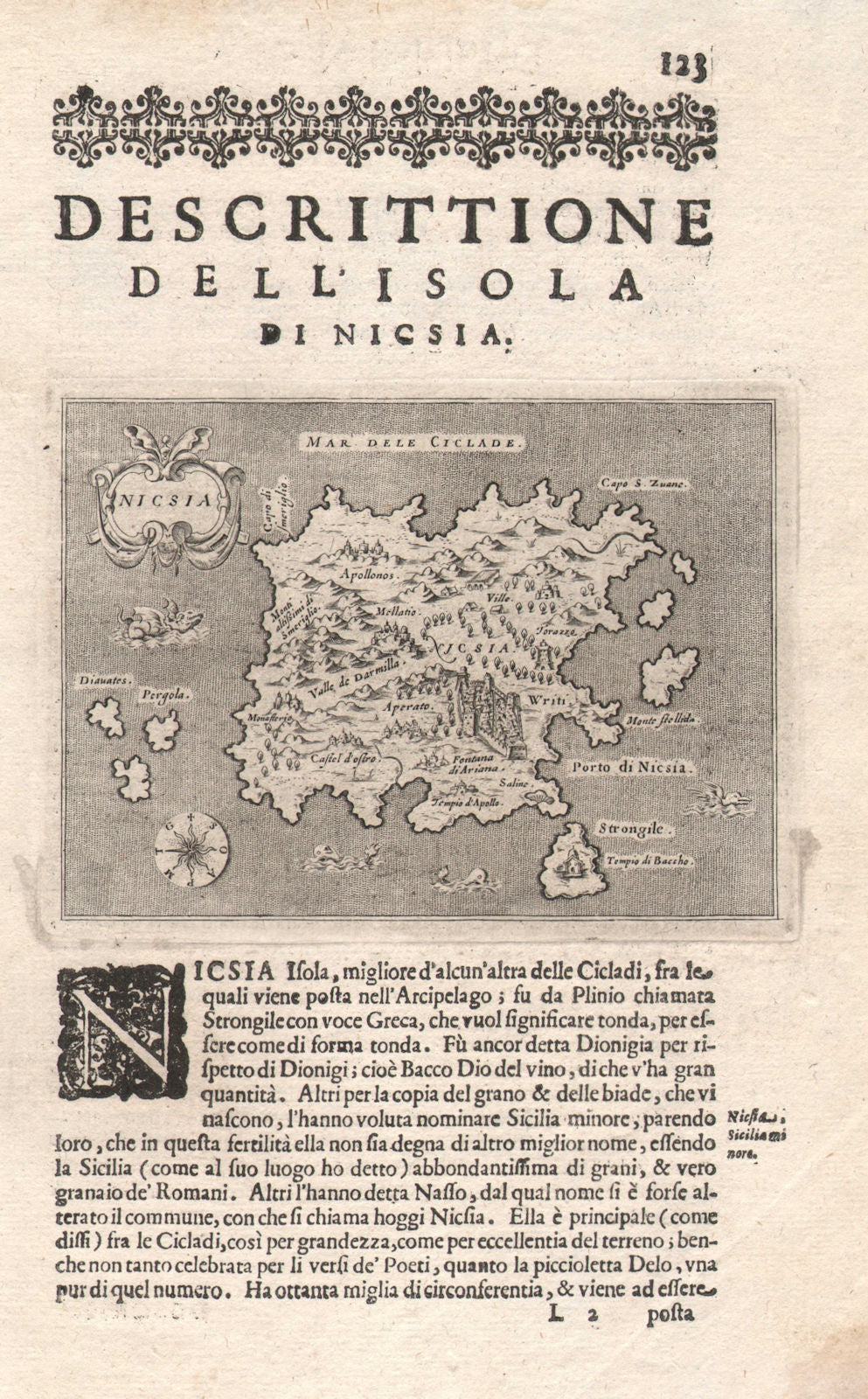 "Descrittione dell' Isola di Nicsia". PORCACCHI. Naxos Cyclades Greece 1620 map