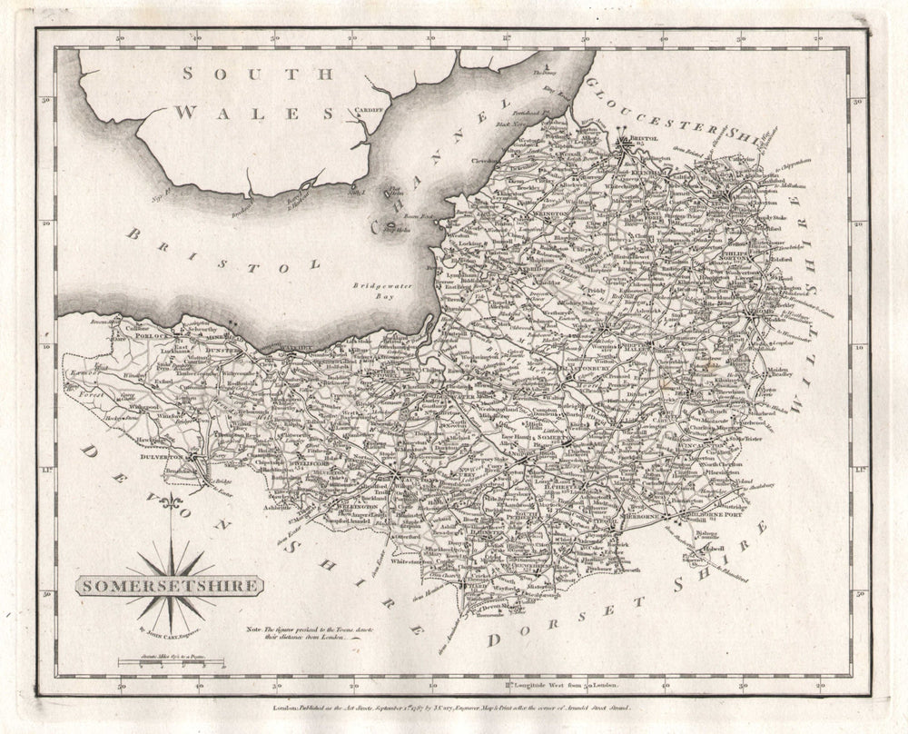 Antique county map of SOMERSETSHIRE by JOHN CARY 1787 old chart