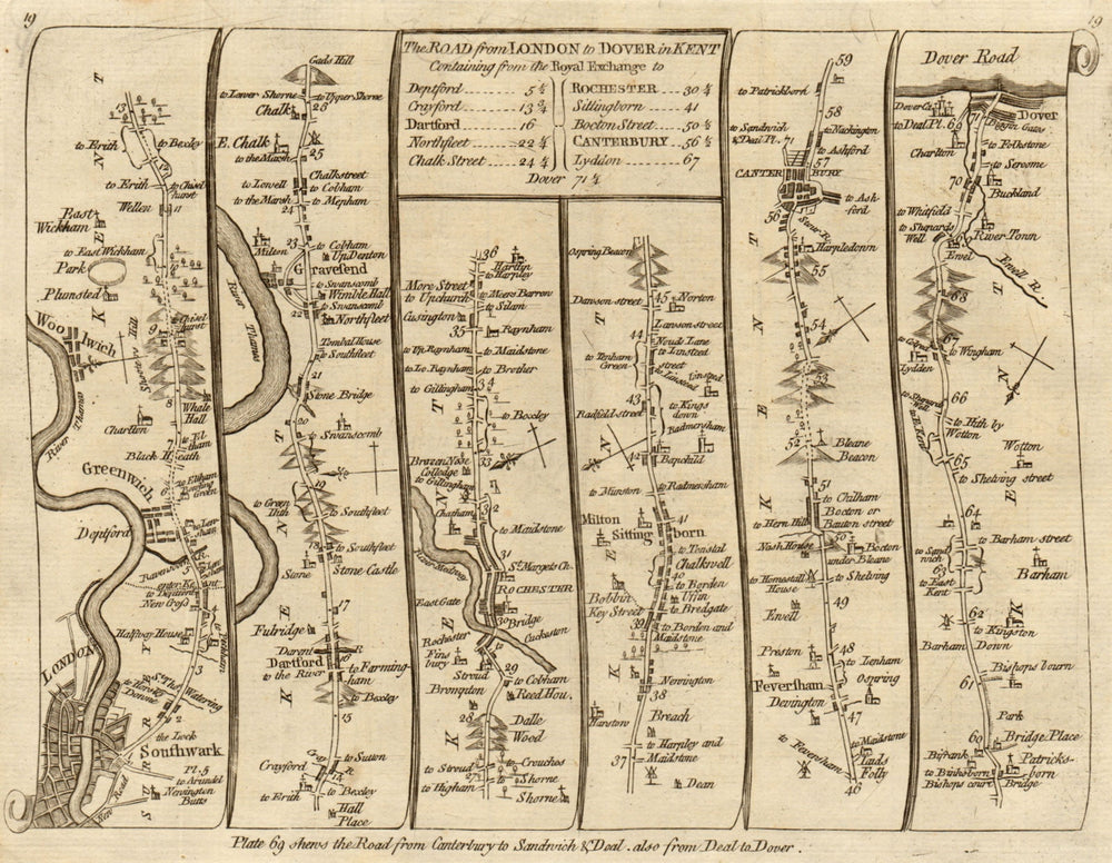 London Greenwich Erith Dartford Gravesend Canterbury Dover KITCHIN road map 1767