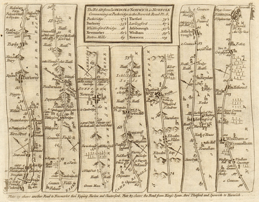 Puckeridge Barkway Newmarket Thetford Wymondham Norwich. KITCHIN road map 1767
