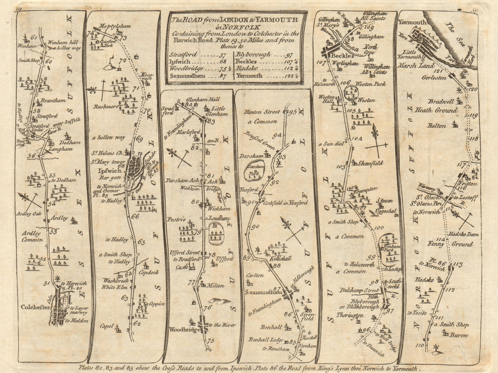 Colchester Ipswich Saxmundham Beccles Great Yarmouth. KITCHIN road map 1767