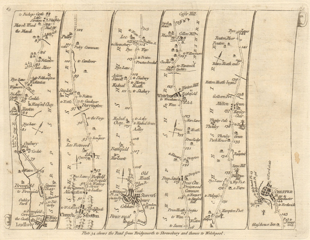 Ludlow Church Stretton Shrewsbury Whitchurch Chester. KITCHIN road map 1767