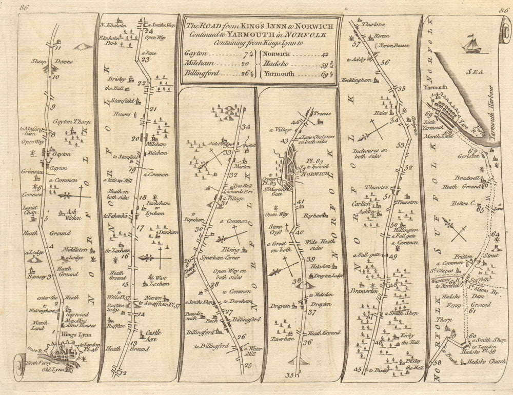 King's Lynn Gayton Norwich Great Yarmouth. KITCHIN road map 1767 old