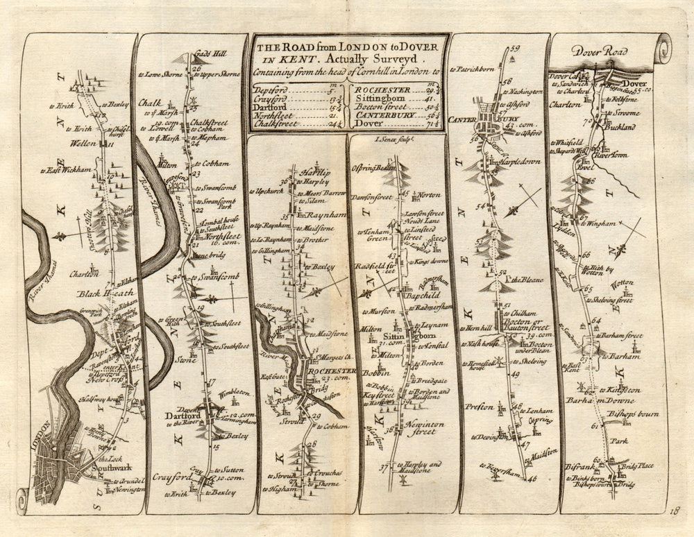London Deptford Dartford Rochester Canterbury Dover SENEX #18 road map 1719