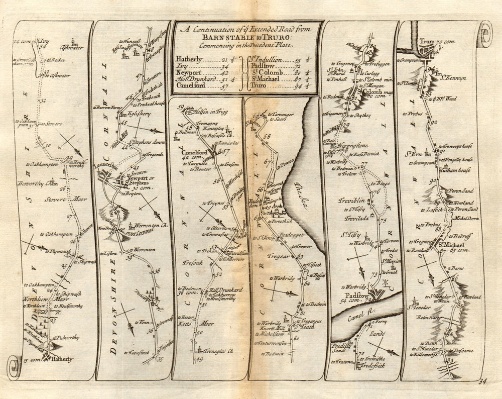 Launceston Camelford Padstow St Columb Major Truro SENEX #34 road map 1719