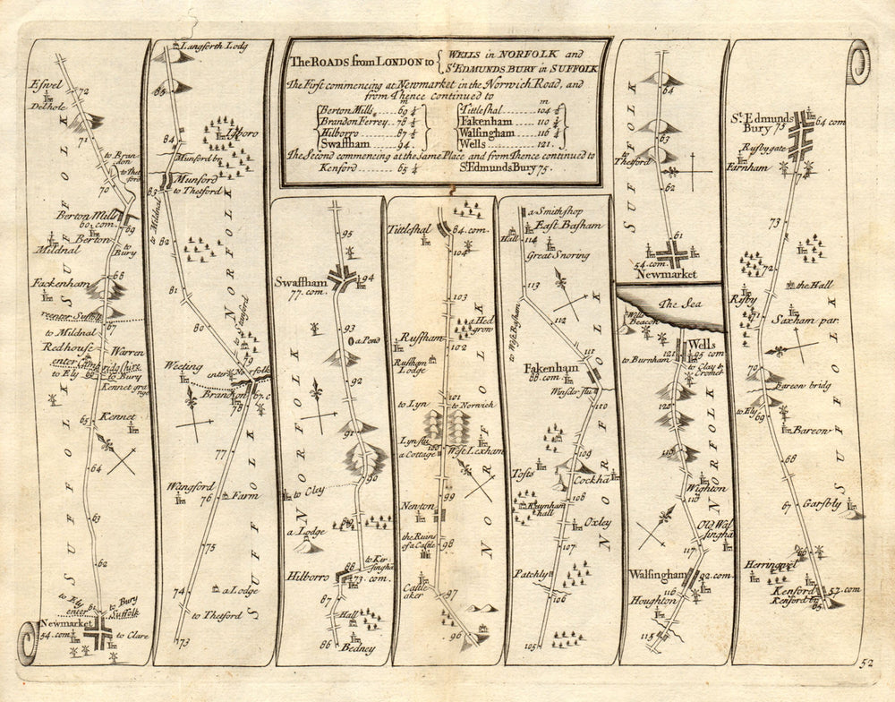 Newmarket Swaffham Wells-next-the-Sea Bury St Edmunds SENEX #52 road map 1719