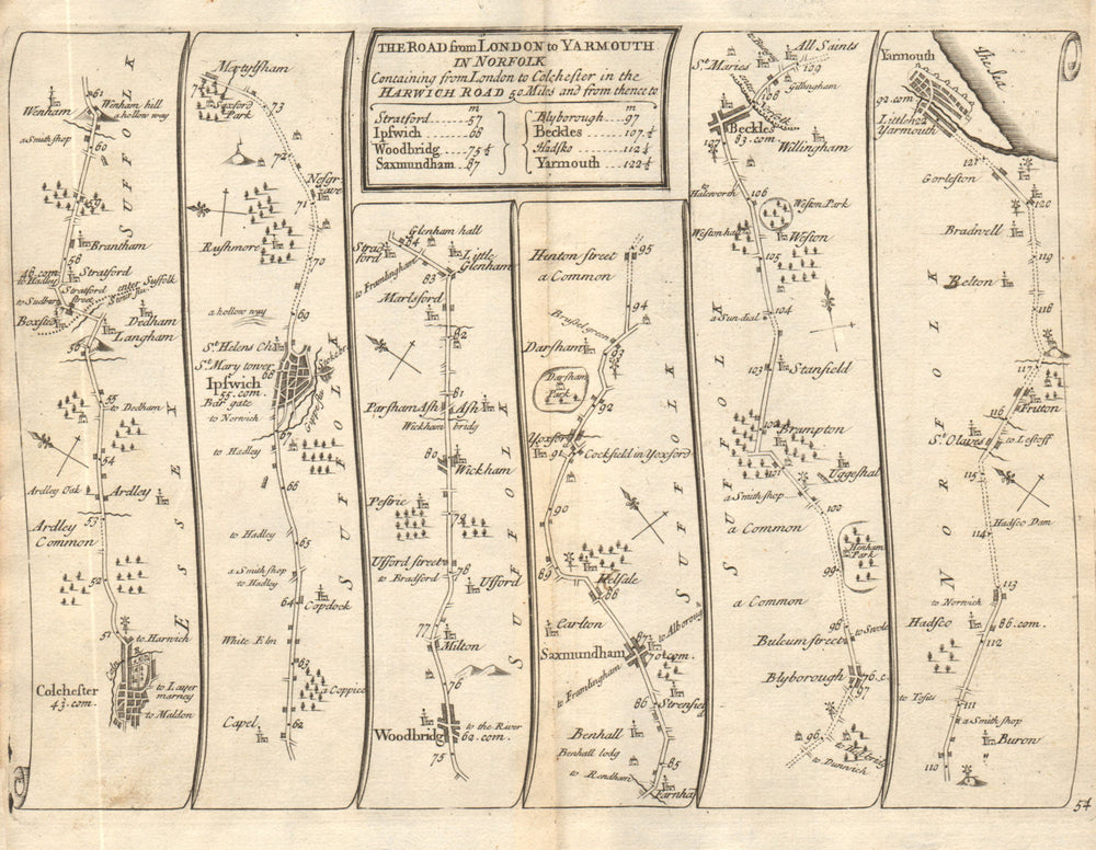 Colchester Ipswich Saxmundham Beccles Great Yarmouth SENEX #54 road map 1719