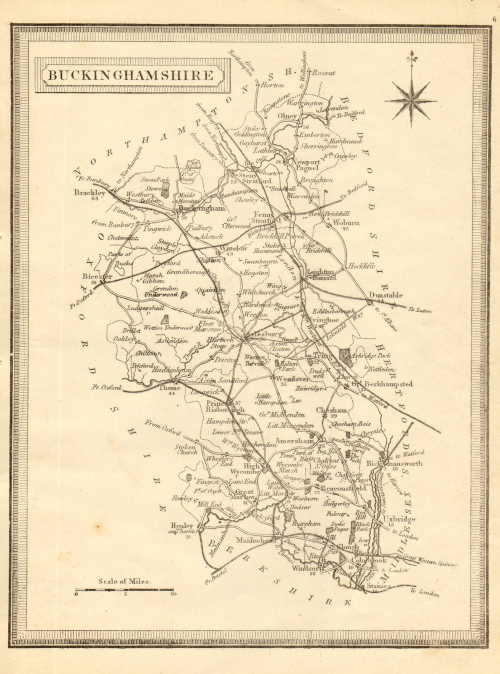 Antique county map of Buckinghamshire. John Heywood. Railways. Coach roads c1864