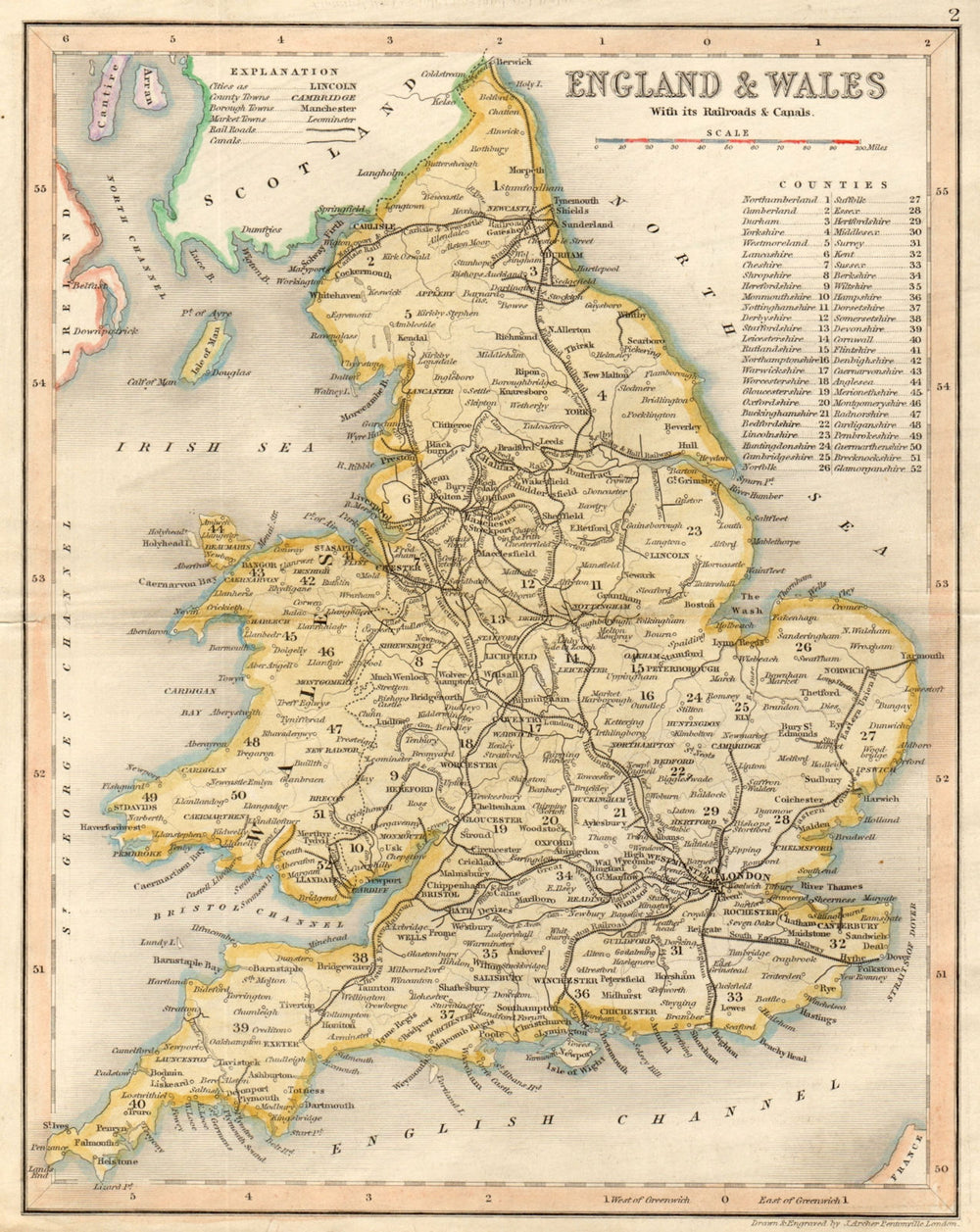 ENGLAND & WALES with its railrods & canals by ARCHER & DUGDALE 1845 old map
